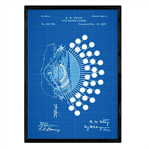 Nacnic Poster con patente de Teclado escritura. Lámina con diseño de patente antigua en tamaño A3 y con fondo azul