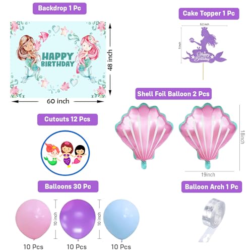 Image of Party Propz Happy Birthday Decoration Kit for Girls - 47 Pcs,Birthday Decorations for Girls with Shell Foil Balloons, Birthday Backdrop for Decoration, Mermaid Theme Decor for Baby (Cardstock,Latex)