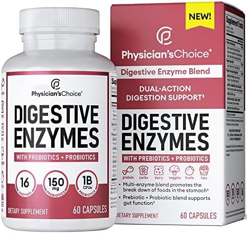 Physician's CHOICE Digestive Enzymes - Multi Enzymes, Organic Prebiotics & Probiotics for Digestive Health & Gut Health - for Meal Time Discomfort Relief - Dual Action Approach W/Bromelain - 60 CT