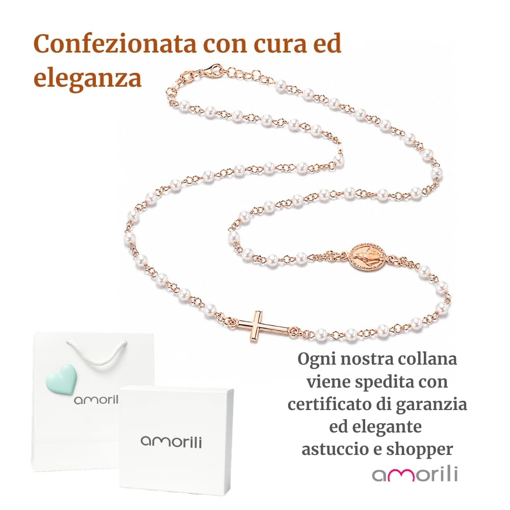 Collana Rosario Donna in Argento 925 Ramato Girocollo con Grani di Perle – Simbolo Cattolico Cristiano di Fede Religioso – Collana Elegante Idea Regalo cll2142