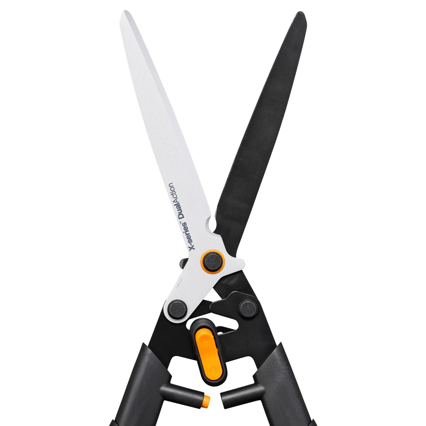 Fiskars X-series DualAction Tijeras cortasetos HSX96, Modo 2en1 para cortes rápidos o potentes, Cuchillas de acero con revestimiento antiadherente/Mangos FiberComp, Negro/Naranja, 1080134