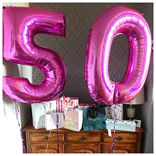 Image of 40 Inch Hot Pink 50 Number Balloons Giant Jumbo Huge 50 Foil Mylar Helium Number Digital Balloons Dark Pink Birthday Mylar Digital Balloons 50th Birthday Parth 50th Anniversary Events Party