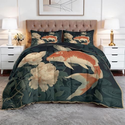 XCQHZYQ Edredon Nordico Cama 180 Japones Pintura Peonia, Colcha Relleno Nordico 240x260 cm de Microfibra, Edredón 4 Estaciones Reversible, con 2 Fundas de Almohada 50x75 cm