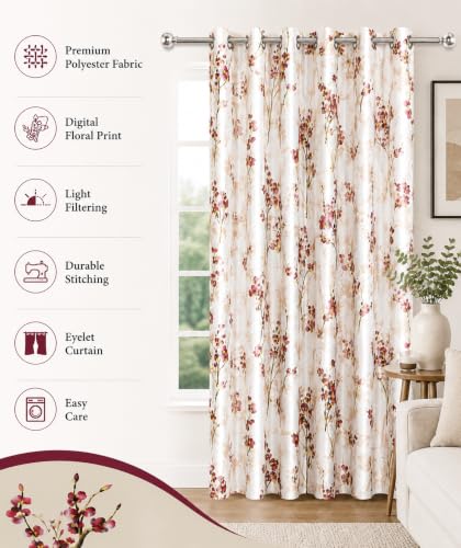 Image of 9 Feet Polyester Floral Light Filtering Long Door Curtains for Bedroom, Living Room & Hall, Eyelet Top, Maroon Print Curtain Set of 4