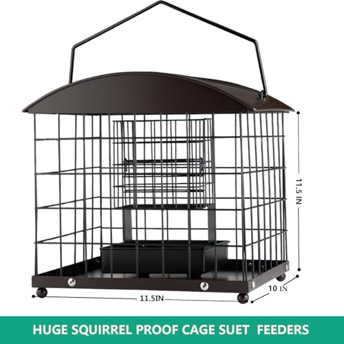 Caged Suet Feeders Squirrel-Proof, Dual-Purpose Suet &Seed Wild Bird Feeders with Tray, Huge Metal Caged Bird Feeders Outdoors Hanging, 2 Suet Cakes+1lb Seed Capacity, Copper