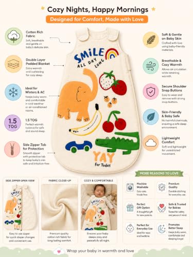 Image of TuddyBuddy Baby Cotton Wearable Quilted Sleeping Bag Blanket 1.5 Tog with 1 Way Zipper Closure | Ideal for Babies & Kids Hypoallergenic Fabrics | (Smiley Elephant - Beige, 18-24 Months)