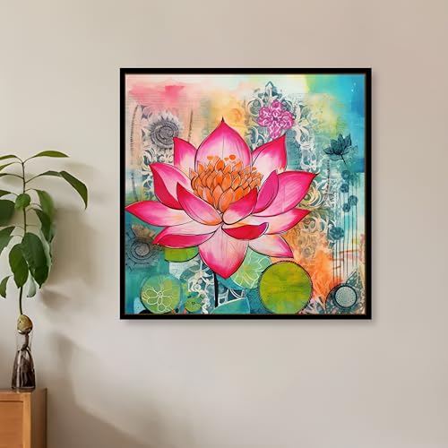 Image of PAINTINGMANTRA Multicolor Abstract Stretched Canvas Framed Painting Wall Art for Living Room Bedroom Office Cafe - Pink Green Orange Lotus Abstract Framed Canvas Wall Decor Painting Frame (58x58 cm)