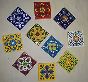 Anchal Art and Craft Blue Pottery Handmade Ceramic Tiles,Furniture,Tabletop,Flooring,Interior,Exterior,Tiles (3-3 Inch) Pack of 10 Tiles.