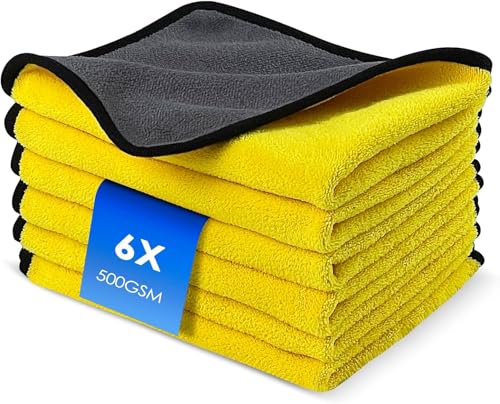Genérico GL Set de 6 Bayetas Microfibra Coche, Paños Microfibra Suaves, Absorbentes y sin Pelusas, no Rayan la Pintura Secado Rápido para Coche para Pulir, Cuidar, 30 × 30 cm Amarillo/Gris