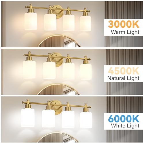 Image of 4-Light Bathroom Vanity Light, Brushed Gold Vanity Lights for Bathroom, Modern Brushed Gold Wall Sconce with White Glass Shades, Anti-Rust Light Fixtures over Mirror (Bulbs Not Included, E26 Base)