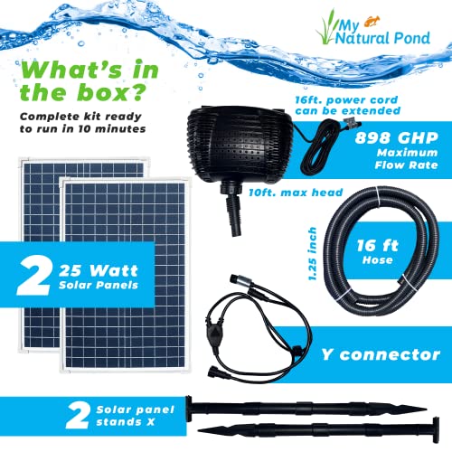 My Natural Pond Mnp Powerful Submersible Solar Powered Pond Pump Kit With Panels And Hose. No Battery. Advanced Design. (2 Panel: 898 Gph - 10 Max. Head Feet - 50 Watts) #TOP2