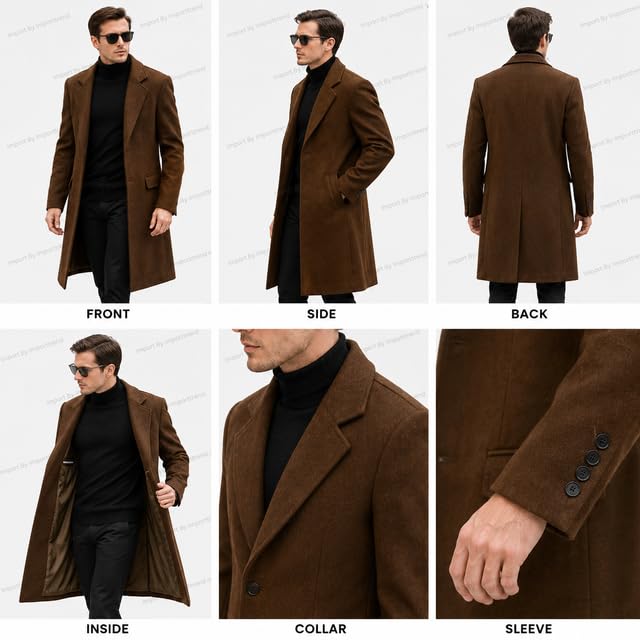 Buy Honmin® Men Long Trench Coat Single Breasted Warm Formal Warm Formal & Business | Brown, S at Amazon.in - Image 5