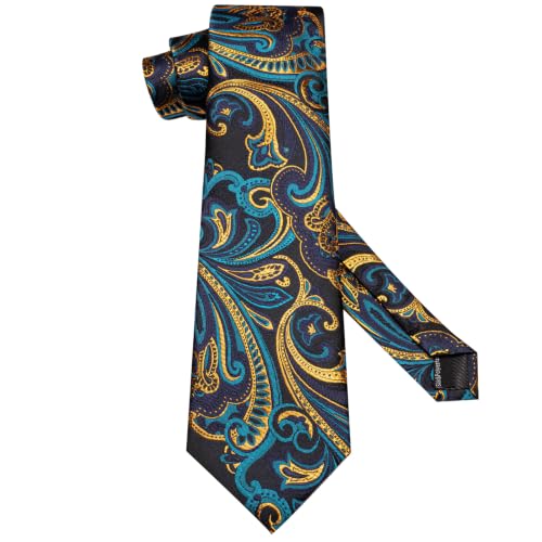 Image of Hi-Tie Men Silk Ties Set with Flower Lapel Pin Necktie Pocket Square Cufflinks for Tuxedo Wedding Business