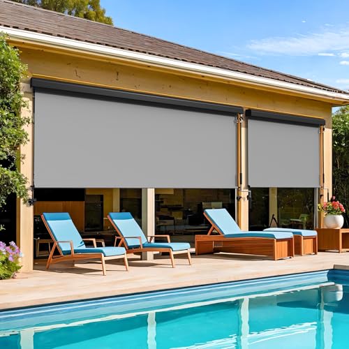 Outdoor Roller Shade (10'W X 8'H) 420GSM New Material with 95% UV Protection, Cordless Aluminum Outdoor Blinds with Crank Handle and Valance, Patio Shade for Shading, Privacy Protection, Gray