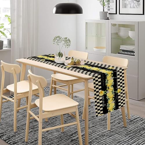 Image of Lemon Table Runner 13 inchx72 inch - Italian Style Black White Checkered Kitchen Table Decor with Yellow Lemons and Floral Print - Rustic Vintage Dining Room or Summer Party Decoration