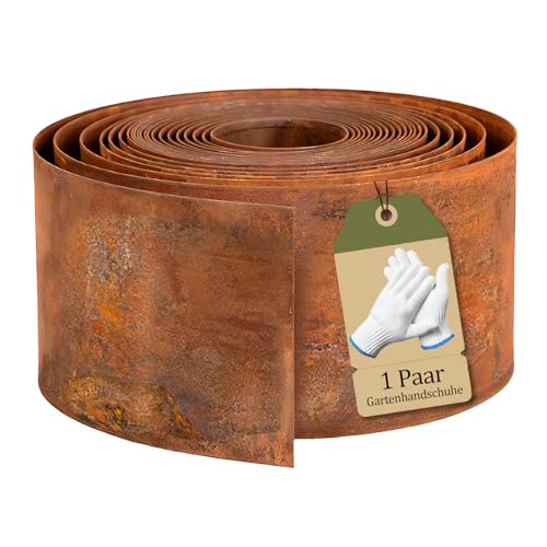 Omtofo Bordura Acero Corten 10 M - Bordura Jardin Exterior Metálica de 14 cm de Altura, Metal con Aspecto Oxidado, para Delimitar Parterres, Caminos, Árboles, Jardines, Incluye 1 par de Guantes