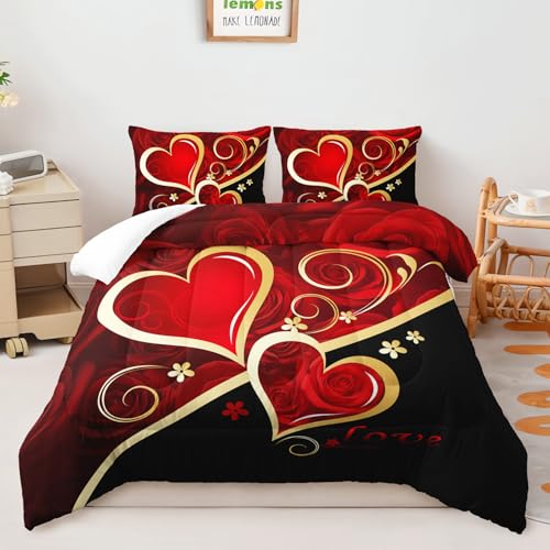 Image of AILONEN Red Rose Bedding Queen Size Couple Heart Love Comforter Set,Red and Black Comforter Set,Romantic Flower Bedding Set 3-Piece for Bedroom,1 Comforter with 2 Pillowcases