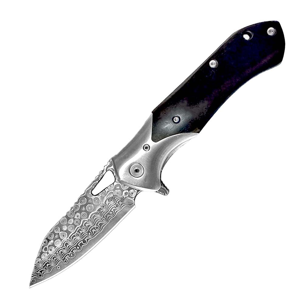 Joa Taschenmesser Damast klappmesser Holzgriff 9cm Damaststahl Ebenholz Faltbar Edc tanto messer flipper Damaszener geschmiedet ‌mit clip