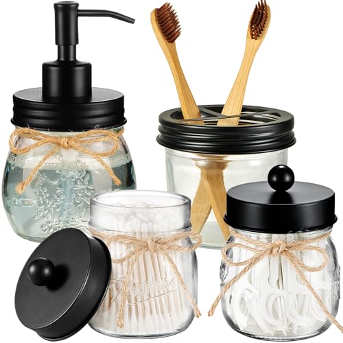 Amolliar Mason Jar Bathroom Accessories Set 4 Pcs -Lotion Soap Dispenser & 2 Qtip Holders & Toothbrush Holder - Rustic Farmhouse Decor Bathroom Home Decor (Black)