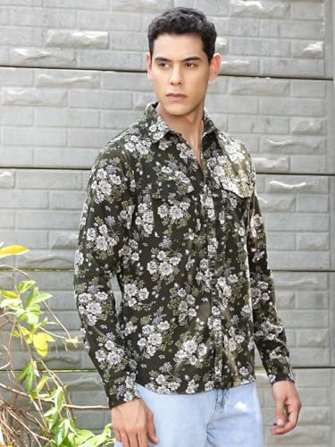 Image of Thomas Scott Men Slim Fit Pure Cotton Corduroy Floral Printed Semi-Formal Shirt