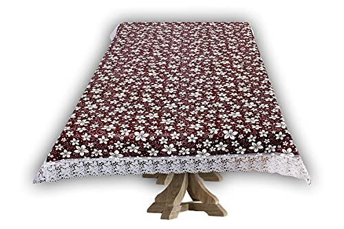 Image of The Furnishing Tree Waterproof PVC Rectangle Shaped Center Table Cover WxL 40x60 inches Floral Pattern Brown White with White Border lace