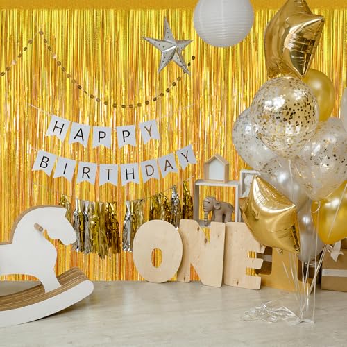 Image of Gold Metallic Tinsel Foil Fringe Curtains Backdrop 2Pack 3.3x8.3Ft Gold Party Streamers for Birthday Party Decorations Halloween Christmas Decors Foil Curtain Backdrop for Bachelorette Wedding