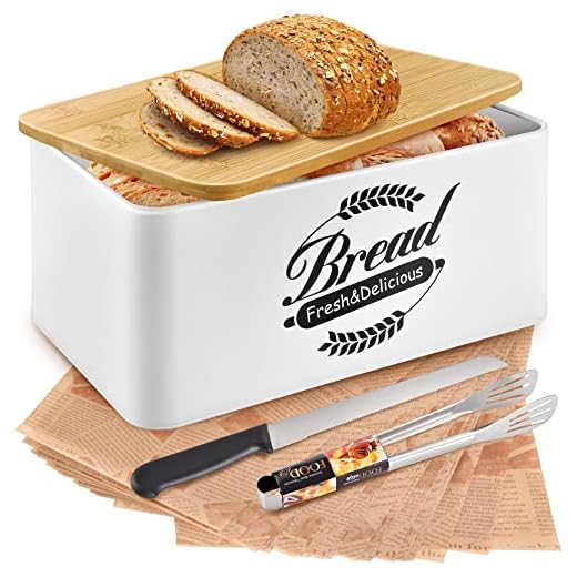 AOSION Metal Bread Box for Kitchen Countertop, Large Bread Boxes with Bamboo Cutting Lid, Bread Storage Fresher For Longer, White