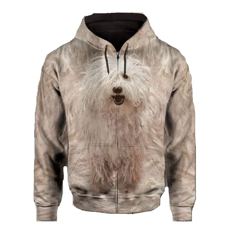 JJCat Männer/Frauen mit Kapuze Langarm 3D-Druck Hundeserie Mopp-Hundedesign Reißverschluss Strickjacke Sweatshirts(M,Khaki)