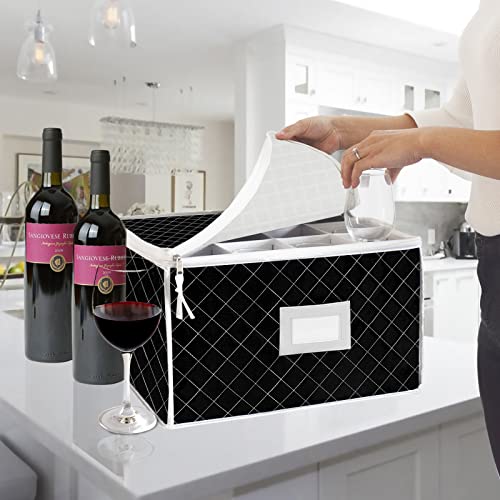 Veronly China Storage Containers - Stemware Storage Cases For 12 Wine Champagne Glasses - 2 Pack Crystal Glassware Protector Packing Boxes With Dividers For Moving (Black) #TOP1