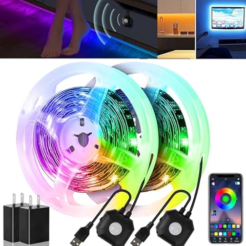 2 Set 9.84ft Motion Sensor Under Bed Lights, App Control Bed Led Lights,Motion Activated LED Light Strip, Night Strip Light, Stairs Light with USB 5V Color Changing LED Lights for Cabinet Bedroom Cover