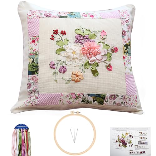 Image of FONNUY Ribbon Pillow Case Embroidery Kit, Throw Pillow Cover, 3D Pre-Stamped Pattern Kits for Audlt Beginners, Blooming Flowers, 18 x 18'' (Pink)