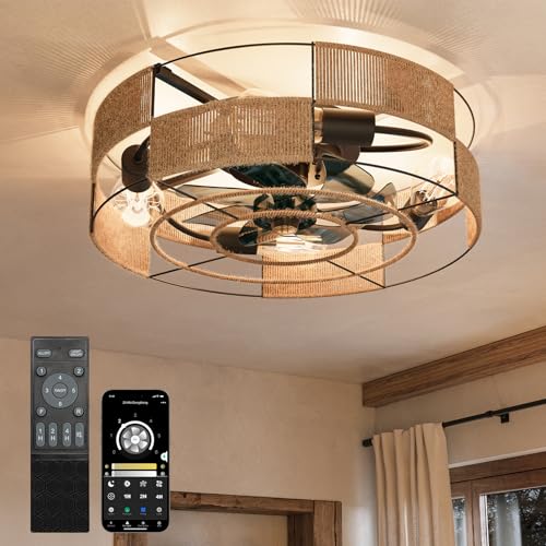 CubiCubi Boho Caged Ceiling Fans with Lights and Remote, 20' Farmhouse Flush Mount Low Profile Fan Light with APP, Straw Rope Weaving 6 Wind Speed Fandelier for Home Office, Dining Room, Small Bedroom