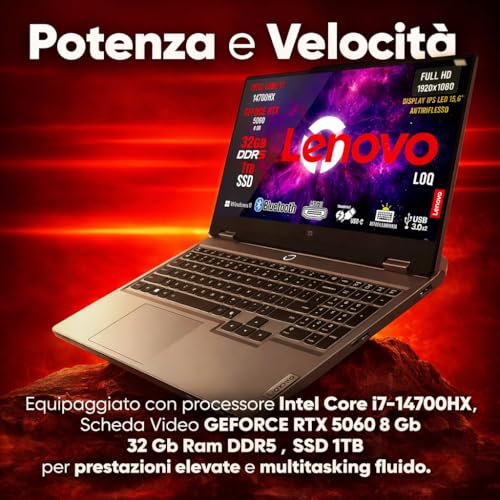 Loq Pc Gaming Portatile i7 14700HX, 32 GB RAM DDR5, GeForce RTX 5060 8GB, SSD 1TB, Notebook Gaming Display IPS 15,6" FHD 144Hz, Laptop Gaming Tastiera Retroilluminata, Wi-Fi 6, Thunderbolt - Notebook - Immagine 1