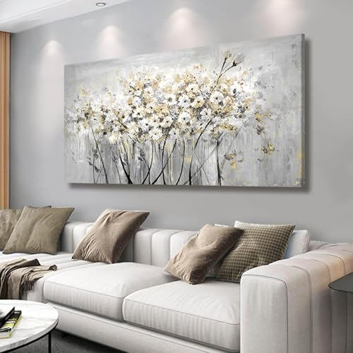 Image of VAYIMDH Gold Pictures Wall Decor Living Room Wall Hanging White and Grey Vintage Posters Floral Photo Prints for Bedroom Dining Room 24x48 Inch