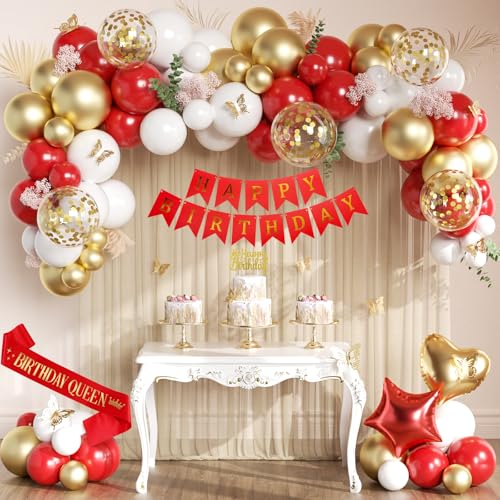 Red and Gold Birthday Party Decorations with Happy Birthday Banner Red White Gold Confetti Balloons Heart and Star Foil Balloons Sash Cake Topper for Women Girls Princess Party Supplies