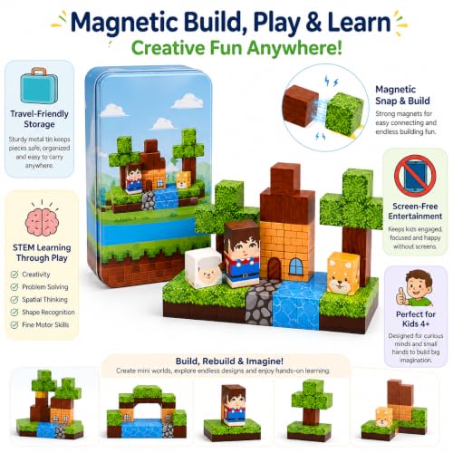 Image of Magnetic Building Blocks for Kids Blocks (38 Pcs Green Steel Storage Tin) | STEM Magnetic Tiles Pixelated Cube | Creative Learning Block Set for Boys Ages 3+ | Birthday Gift