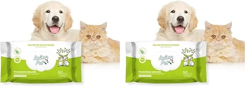 Italian Pet - Salviette Biodegradabili Olio di Neem - Salviettine Antiparassitarie - Protegge Cani, Gatti, Animali Domestici da Pulci, Zecche, Pappataci - 50 Salviette BIO Monouso - 20x30 cm