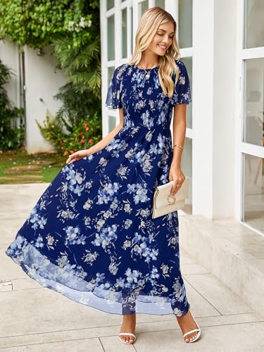 Image of Simplee Womens Casual Floral Summer Maxi Dress 2026 Boho Flowy Short Sleeve Crew Neck Vacation Smocked Chiffon Dresses