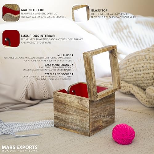 Image of Wooden Yarn Bowl, Square Shape Yarn Ball Holder, Craft Knitting Bowl, Yarn Bowl Holder for Crocheting and Knitting, , Yarn /Wool /String Storage Accessory (Single Ball Holder (6x6x6)