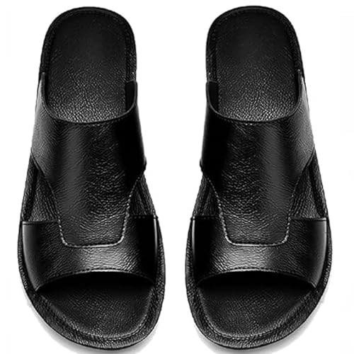 Men's Leather Perforated Sandals - Comfortable Lightweight Open-Toe Anti-Slip Slides Summer Outdoor Beach Shoes (10,Black)4