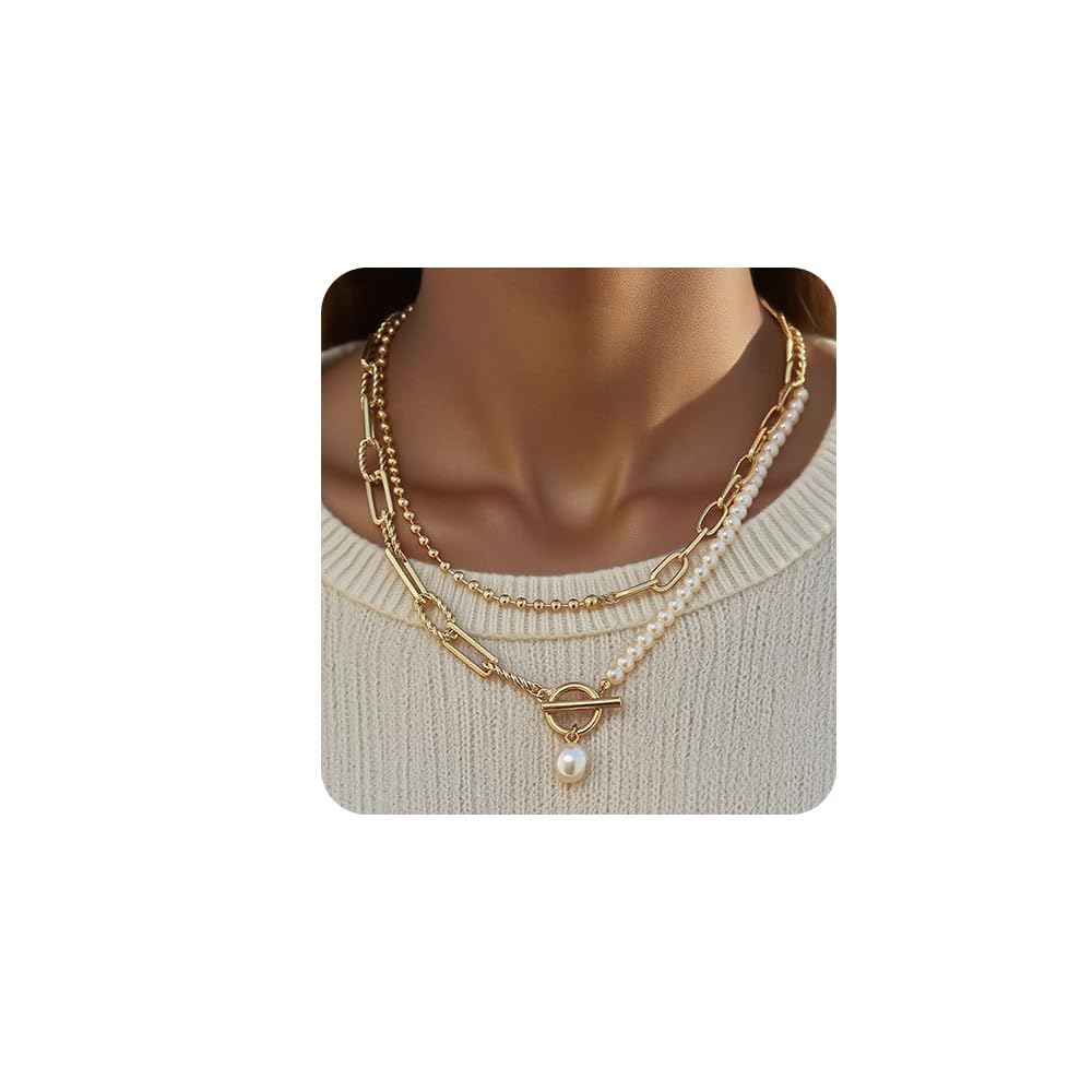 Layered Pearl Chain Necklace for Women, 14K Gold Plated Pearl Link Toggle Clasp Necklace, Dainty Trendy Layered Choker Chunky Jewelry Fashion Gift for Women