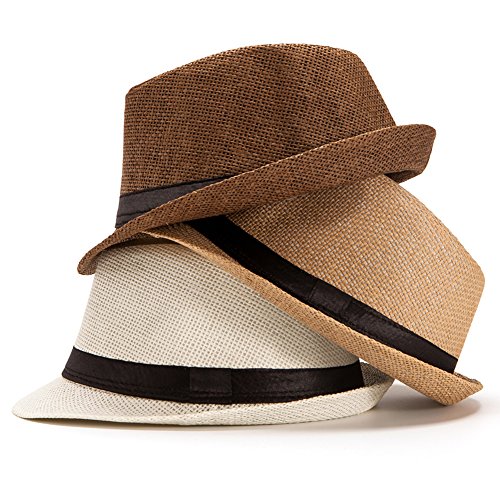 Image of LADYBRO 7 1 /4 Straw Fedora Hats for Men Summer Short Brim Trilby for Travel (Pack of 3, M /L)