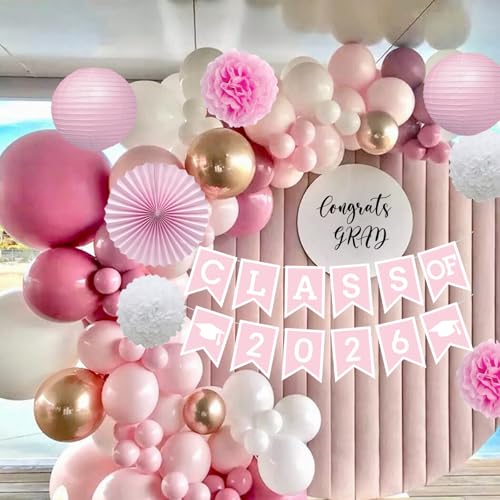Image of Pink Graduation Party Decoration Class Banner Hanging Pom Poms Flowers High School College Grad Supplies