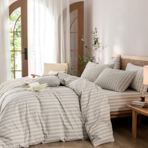 Image of BESTOUCH Striped Cotton Duvet Cover Set Linen Feel Super King | 100% Washed Cotton, Soft Wrinkle Texture, Hidden Zipper, 8 Ties, Breathable Lightweight Durable Comfy, 3 Pcs No Insert