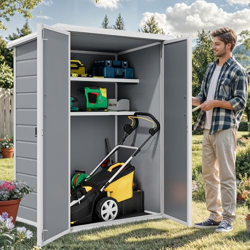 Image of DWVO 60 Cuft Outdoor Tall Storage Shed with 2 Shelves, 5X3FT Vertical Tool Shed with Floor & Lockable Doors, Sturdy Double-Wall Plastic Cabinet for Garbage Cans and Garden Equipment (Gray)