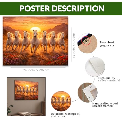 Image of Rousrie Big Size 7 Horses Vastu Frame Wall Art Painting, White Running Horses on Water, Rising Sun Wall Decor, Multicolor (45 cm x 60 cm - Design 2)
