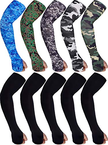 10 Pairs Men s Cooling Arm Sleeves Long Fingerless Gloves Anti Slip Sun Protection Arm Sleeves (Black and Mixed Camo)