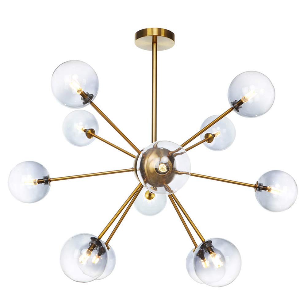 NZDY Mid Century Glass Ball Bubble Sputnik Chandelier, Creative 12 Branch Pendant Light Starburst Chandelier G4 Metal Semi-Flush Mount Hanging Ceiling Light for Hallway Bedroom Living Room Kitchen,Gr