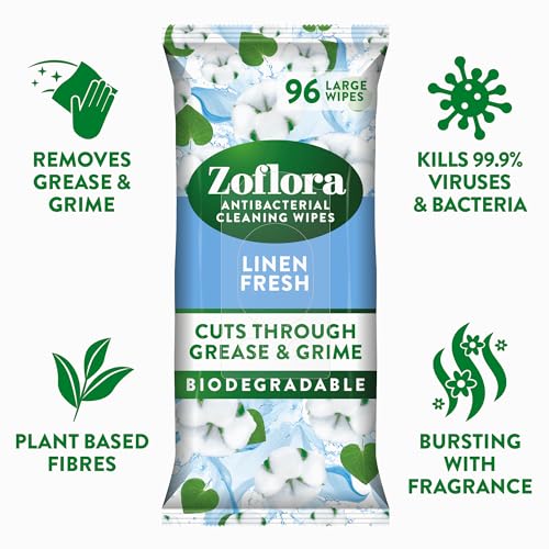 Zoflora Bundle Linen Fresh Biodegradable Wipes (1 Pack, 96 Sheets), Linen Fresh Concentrated Multipurpose Disinfectant Liquid, Antibacterial Multi-Surface Cleaner, Pet-Friendly, 1 x 500ml