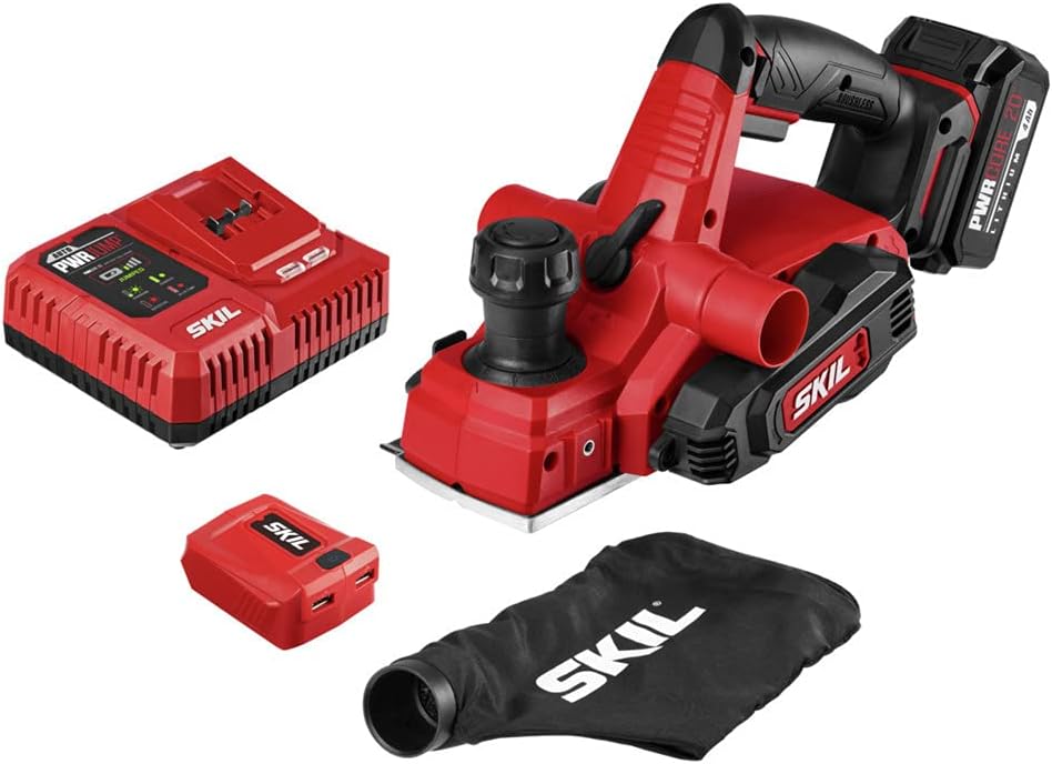 Best Deal Cheap 🛒 SKIL PWRCore 20 Brushless 20V 3-1/4 Inch Planer, Includes 4.0Ah Lithium Battery and PWRJump Charger - PL593802